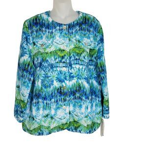 Alfred Dunner Women Shirt Jacket Size 12 Blue Green Tie Dye Side Pockets Buttons